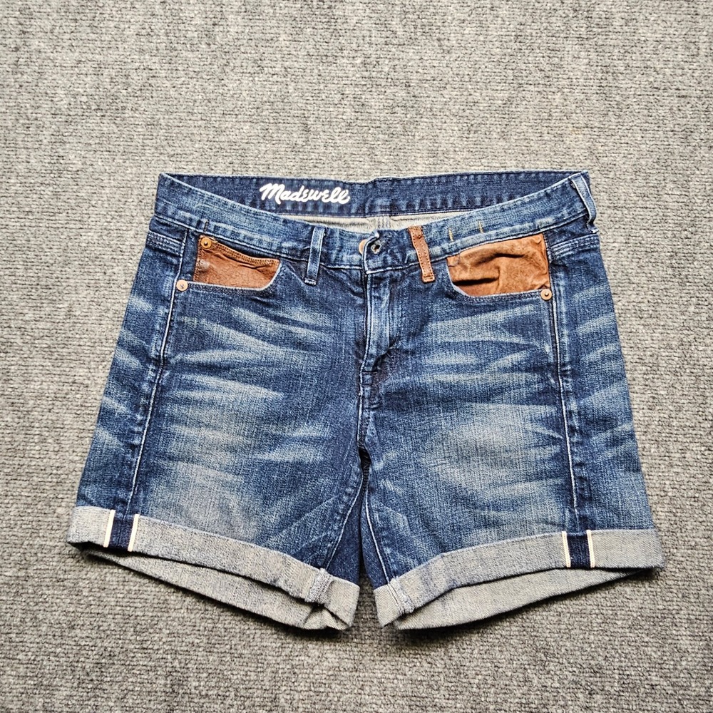 Madwell Selvedge Denim Shorts Size 27 Dark Wash Leather Trim Made in USA MAW022